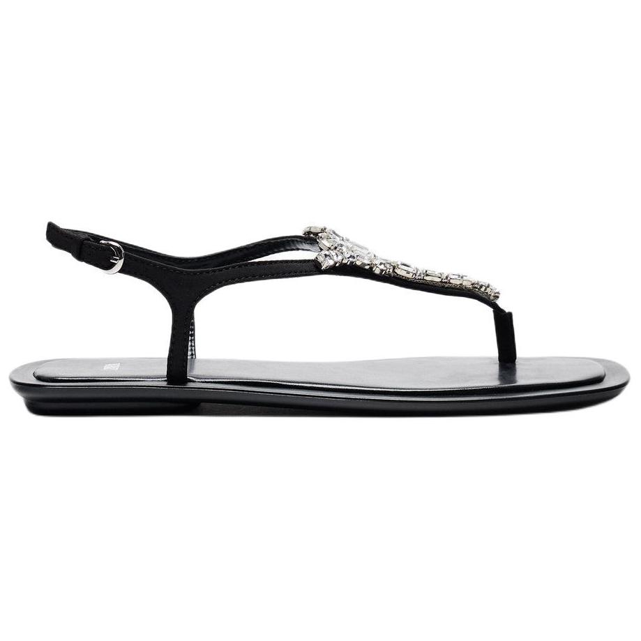 Zara Rhinestone Embellished Toe Post Flat Sandals Black Women 11606410800