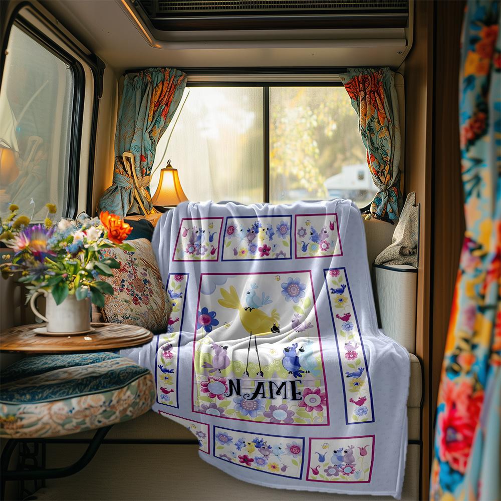Bird Flowers Hearts Blanket Personalized Name Soft Comfortable Stylish Blanket Car Blanket Perfect For Travel Camping Outdoor Home Suitable For All