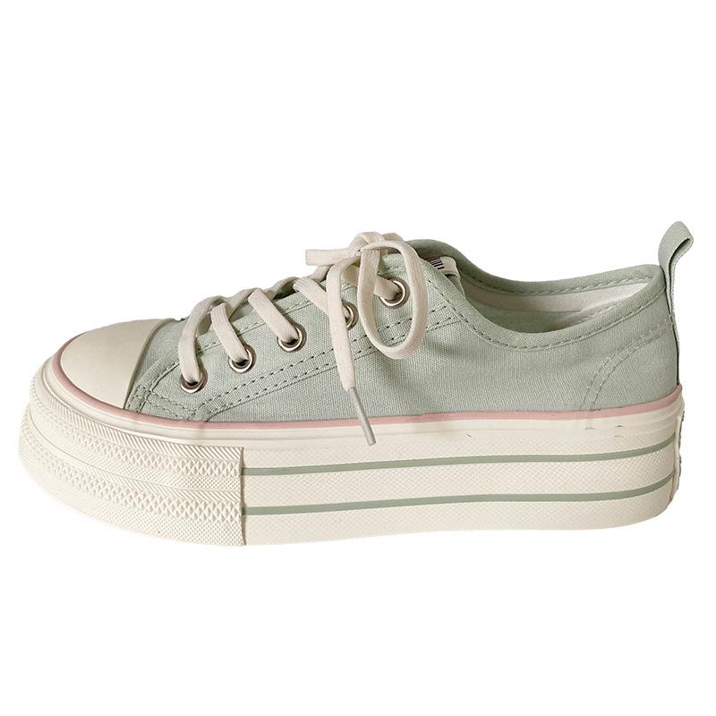 H1323 Gummiband/zwei Schnürsenkel, beliebte Canvas-Schuhe mit dicker Sohle, Damen-Schuhe mit runder Spitze, vielseitige und dünne Board-Schuhe