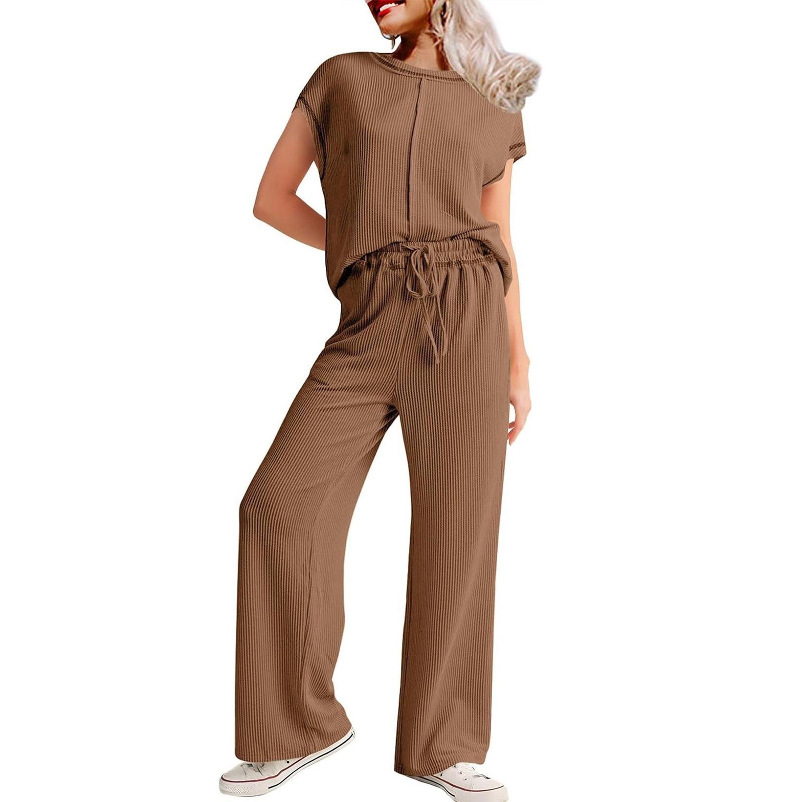 

Женские летние повседневные топы из двух частей с короткими рукавами, широкие брюки, домашняя одежда, спортивная одежда XXL коричневый