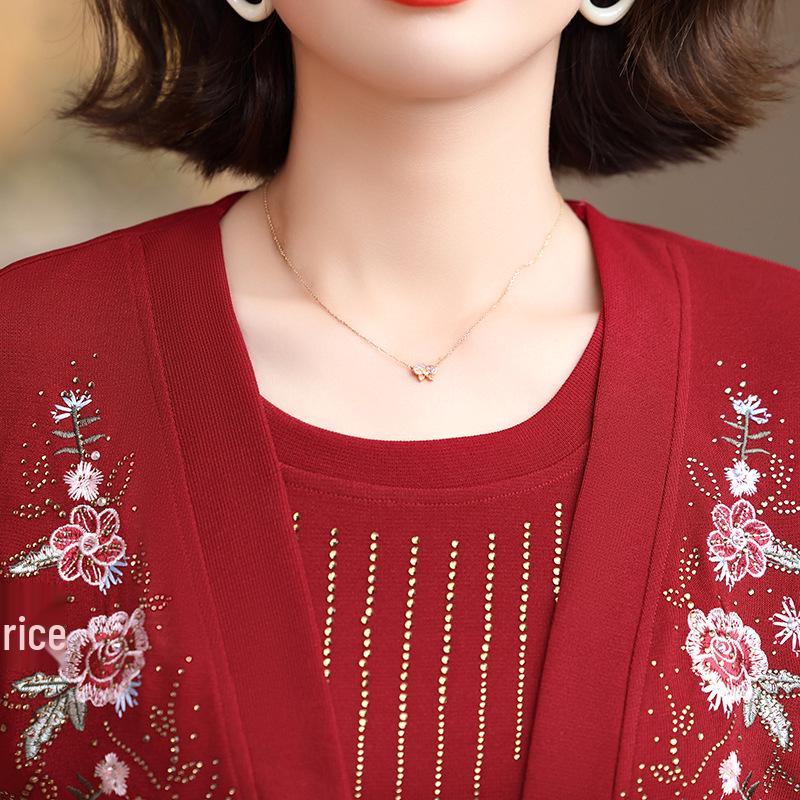 Spring Spliced Knit Blouse for Women Aged 40-60 - Faux Two-Piece Sweater Design