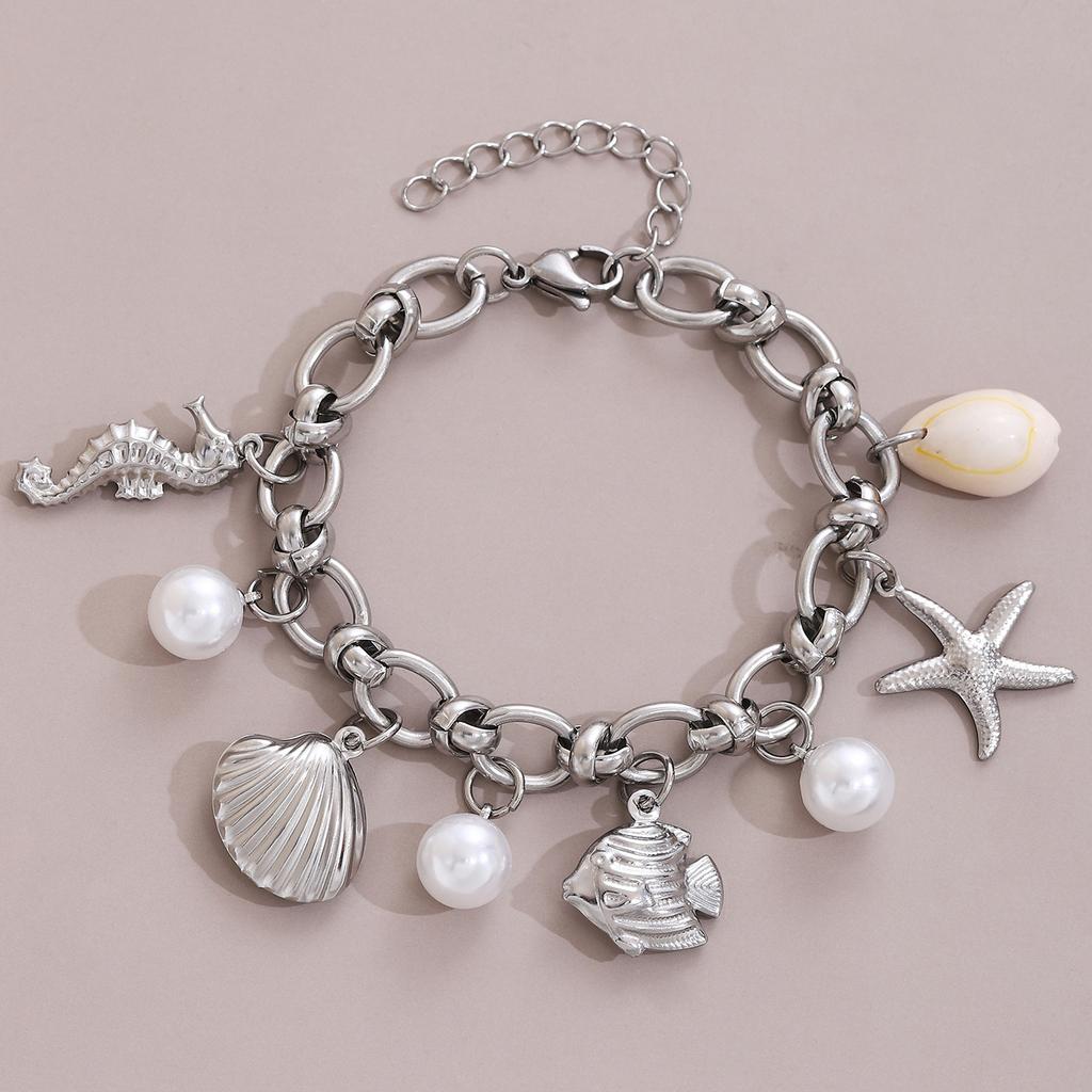 Summer Beach Rust-proof Steel Bracelets for Women Starfish Shell Ocean Style Pendant Bohemian Jewelry Gift Fashionable Resortwear