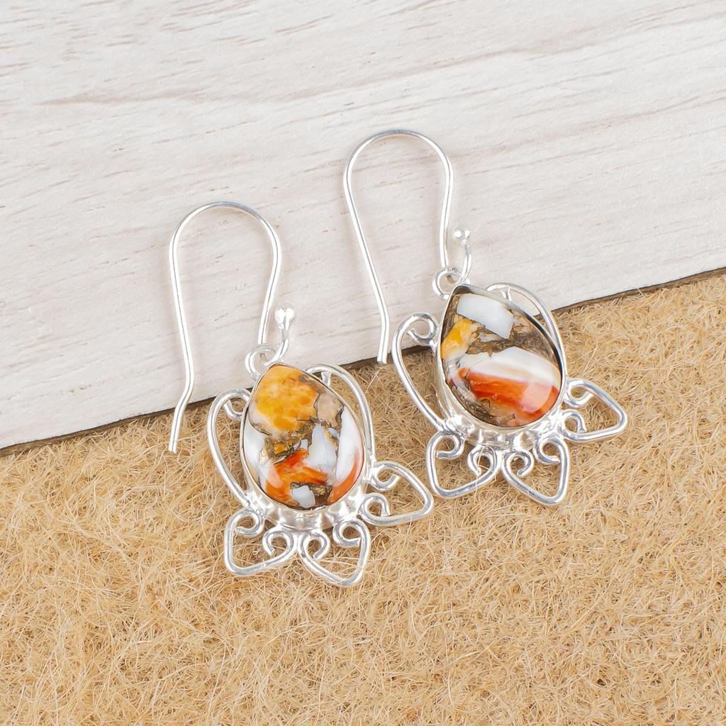 Orange Copper Turquoise Gemstone Jewelry, 925 Sterling Silver Earrings, Handmade Balancing Earrings For Wedding Gift