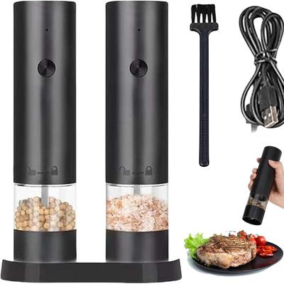 Rechargeable Electric Salt and Pepper Grinder Set: 2-Pack Black Automatic Mills with Adjustable Coarseness, USB Type-C Charging and Storage Base for