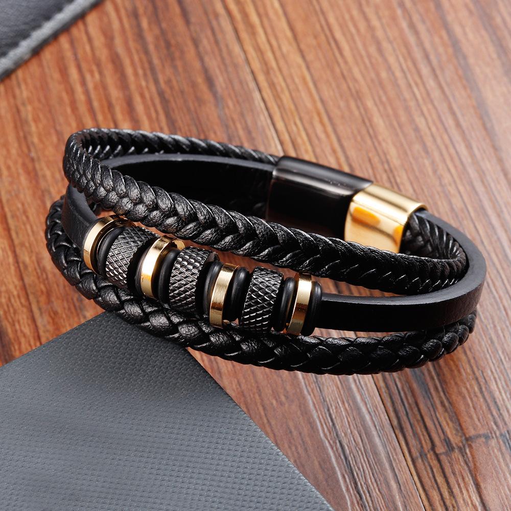 Schwarzes Lederseil Rindsleder Herren Doppellagig Echtes Leder Geflochtenes Armband Handgefertigt Mehrschichtiges Lederarmband
