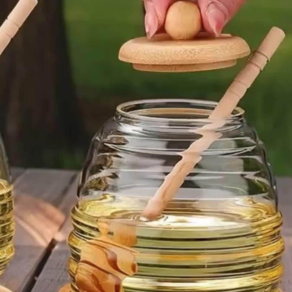 Transparent Glass Honeycomb Tank with Dipper and Lid Large Capacity Honey Bottle Elegant Easy To Clean Honey Pot Home Kitchen