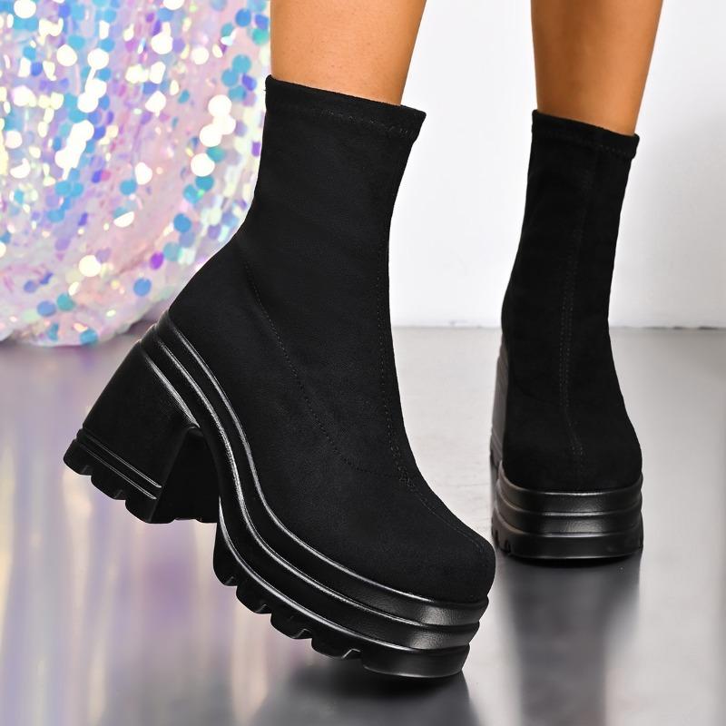 Fashion Black Thick-soled Women's Height-enhancing 2025 New Autumn Suede Thick-heeled Elastic Slim Short Boots