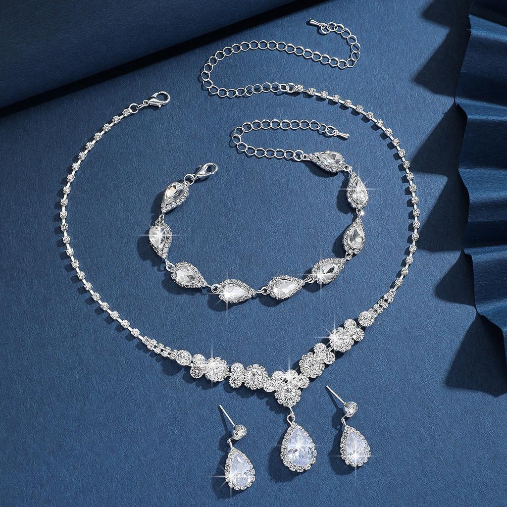 4PC women's fashionable rhinestone water droplet necklace earrings bracelet Zircon set wedding banquet party holiday gift