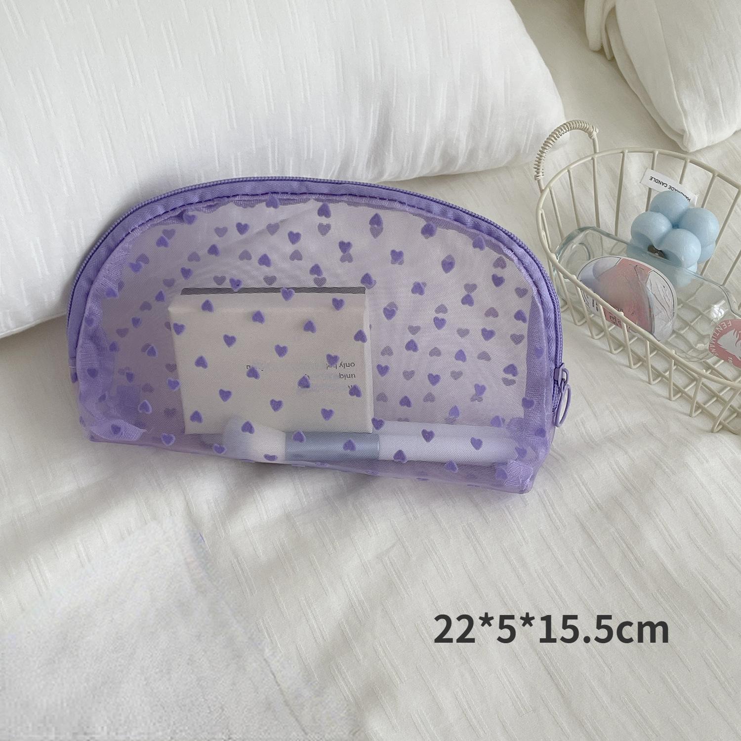 

Нейлоновая сетчатая сумка с фиолетовым принтом в форме сердца, прозрачная видимая косметичка, сумка для хранения косметики, органайзер для путешествий