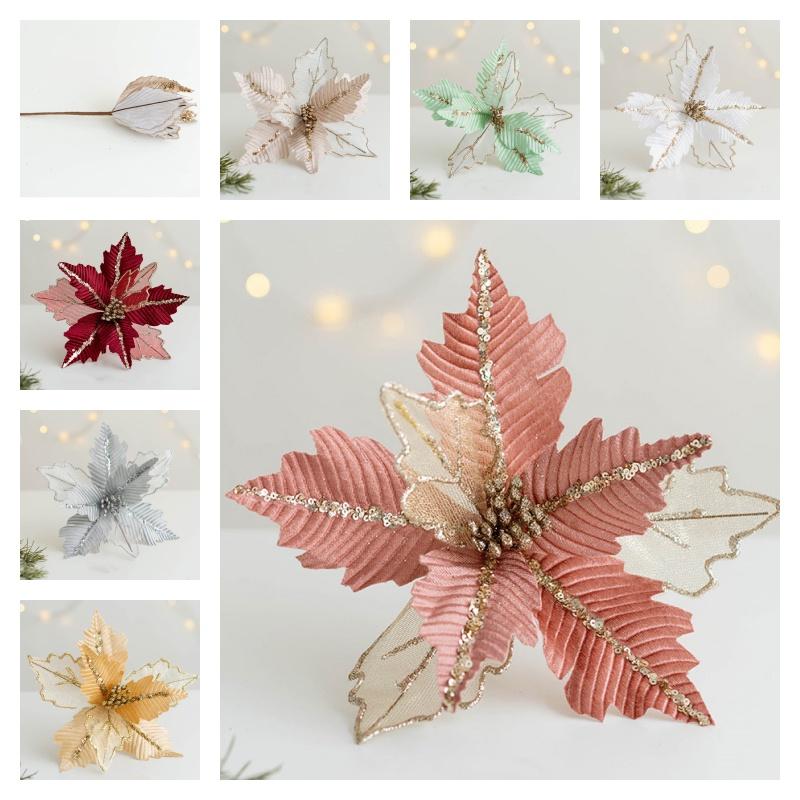 High-quality 25cm Vine-like Christmas Flower Garland With Net Fabric And Sparkling Sequins