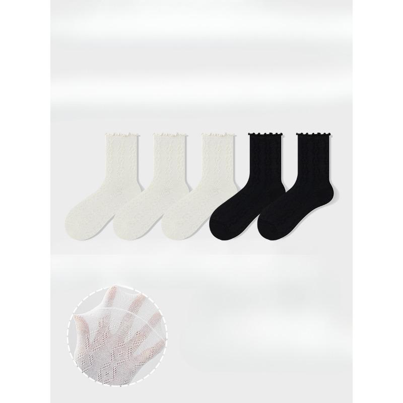5 Pairs of Women's Summer Thin Style All Kinds of Mesh Hollow Wooden Ear Side Tube Stack Socks