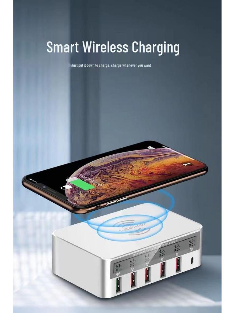 6-Port USB Charger with QC3.0 Fast Charge, PD 20W, and 15W Wireless Mobile Charging