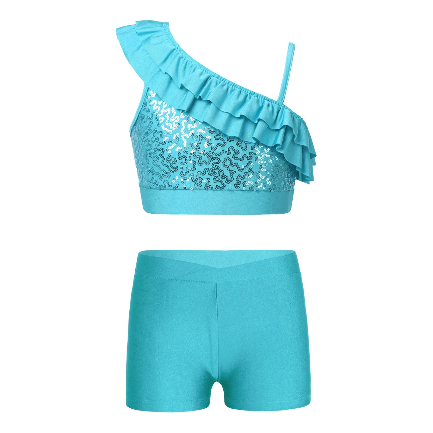 

Детский укороченный топ с асимметричными рюшами и пайетками для девочек и шортами для соревнований по танцевальной гимнастике 9-10 Years озеро зеленый