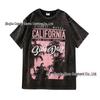 Women's Distressed Washed Cotton T-Shirt - Short Sleeve, Loose Fit, Trendy American Style with Round Neck and Print.