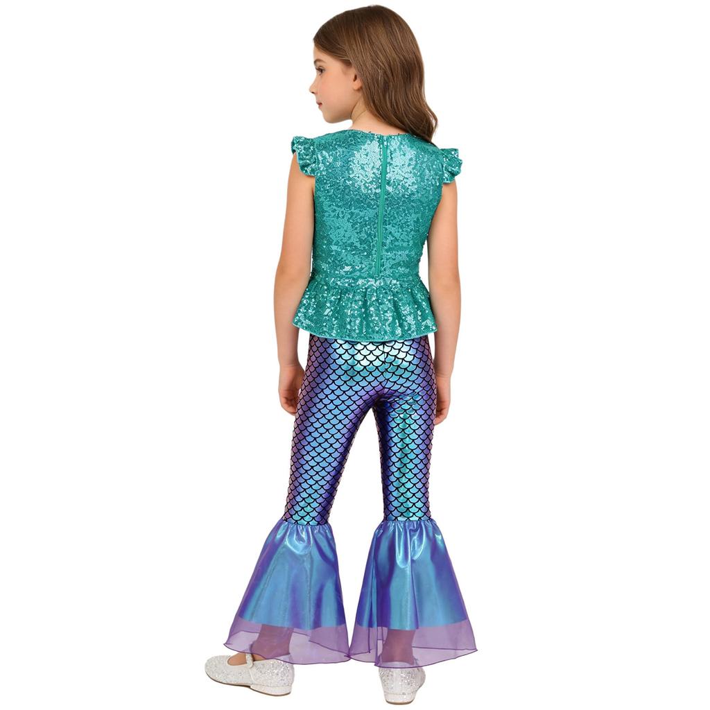 Girls 2 Pieces Mermaid Costume Sequins Short Sleeves Zipper Peplum Top Elastic Waist Ruffle Flared Pants Set