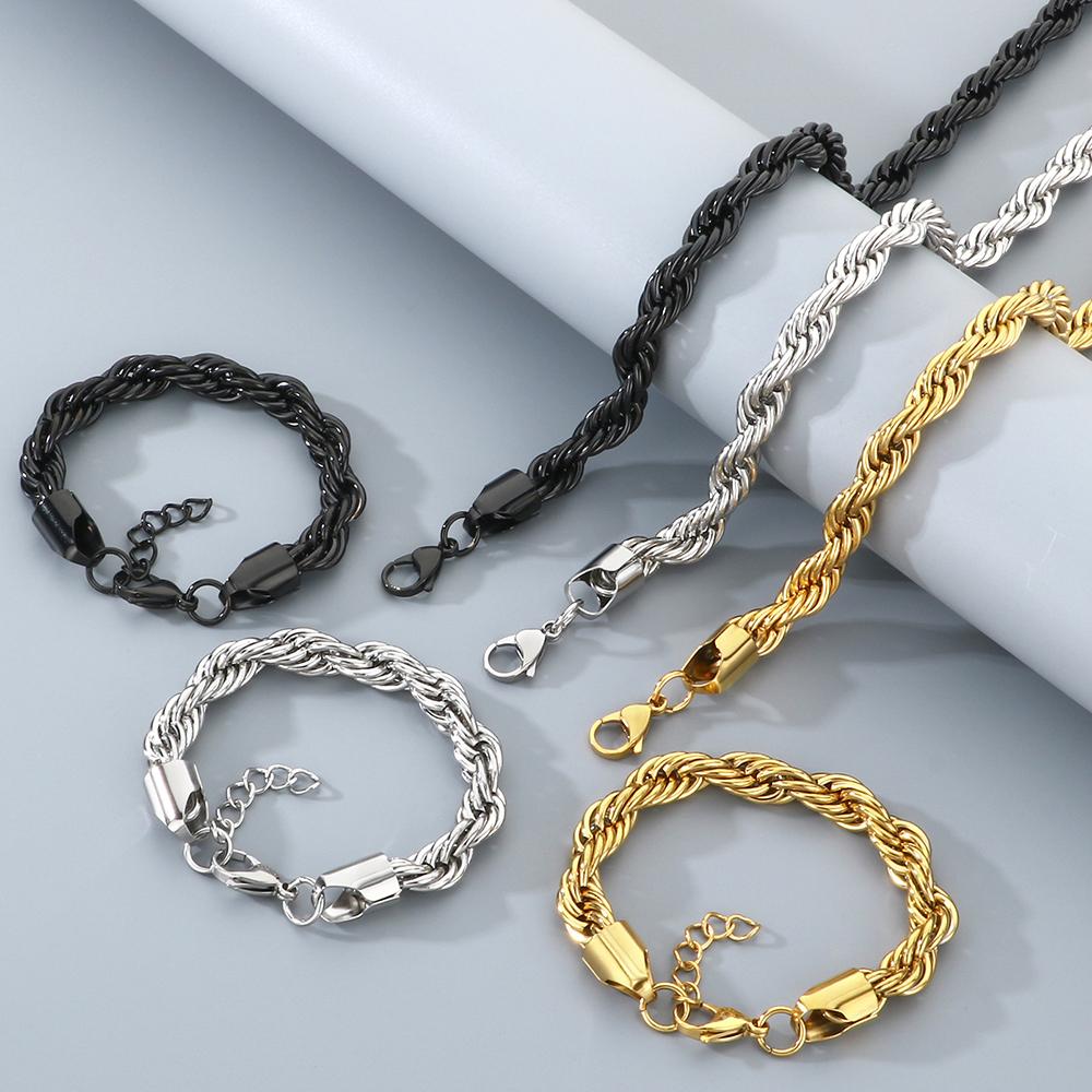 Classic Men's 10mm Twisted Rope Chain Man Bracelet Necklace Set Luxury Black Gold Color 61CM Long Stainless Steel Choker for Men