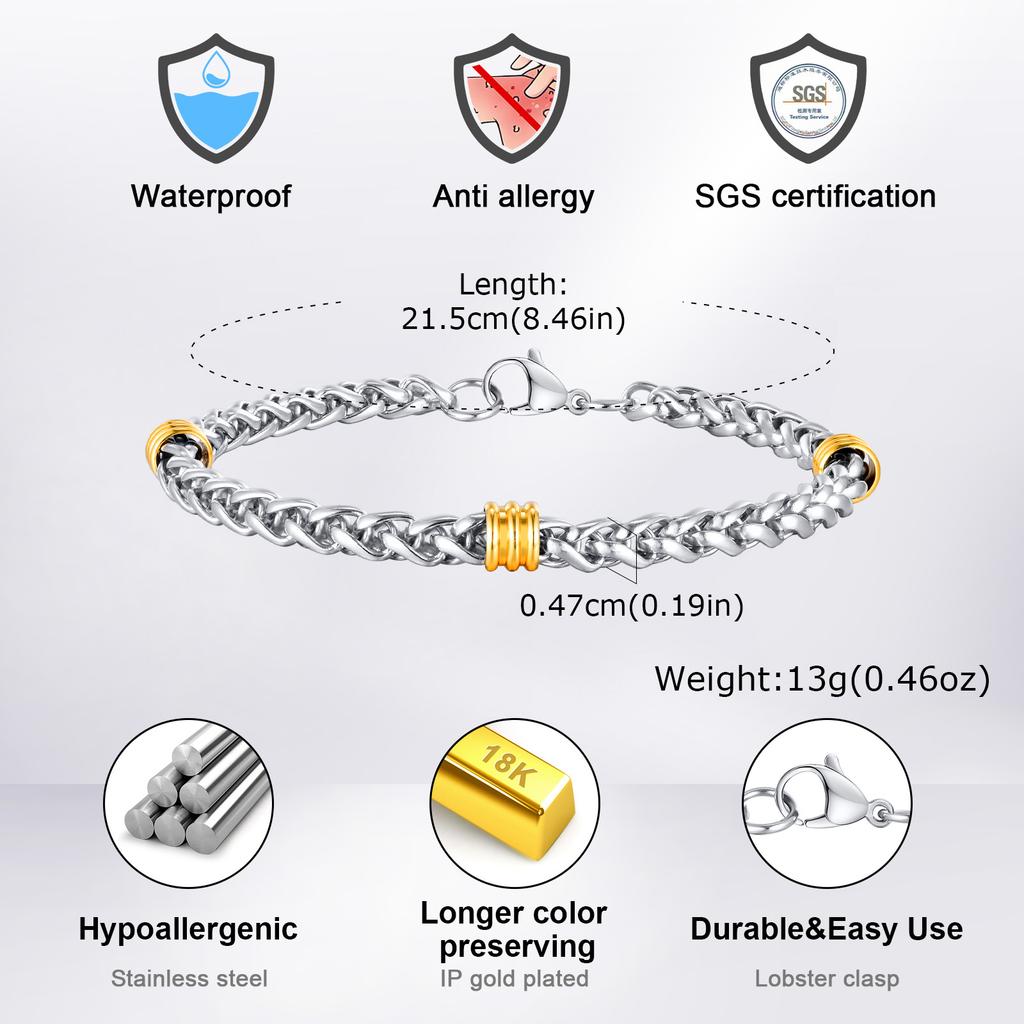 Classic Stainless Steel Btacelets for Men Boys,Silver Color Links Wristband with Gold Color Beads,Stylish Cool Jewelry Gifts