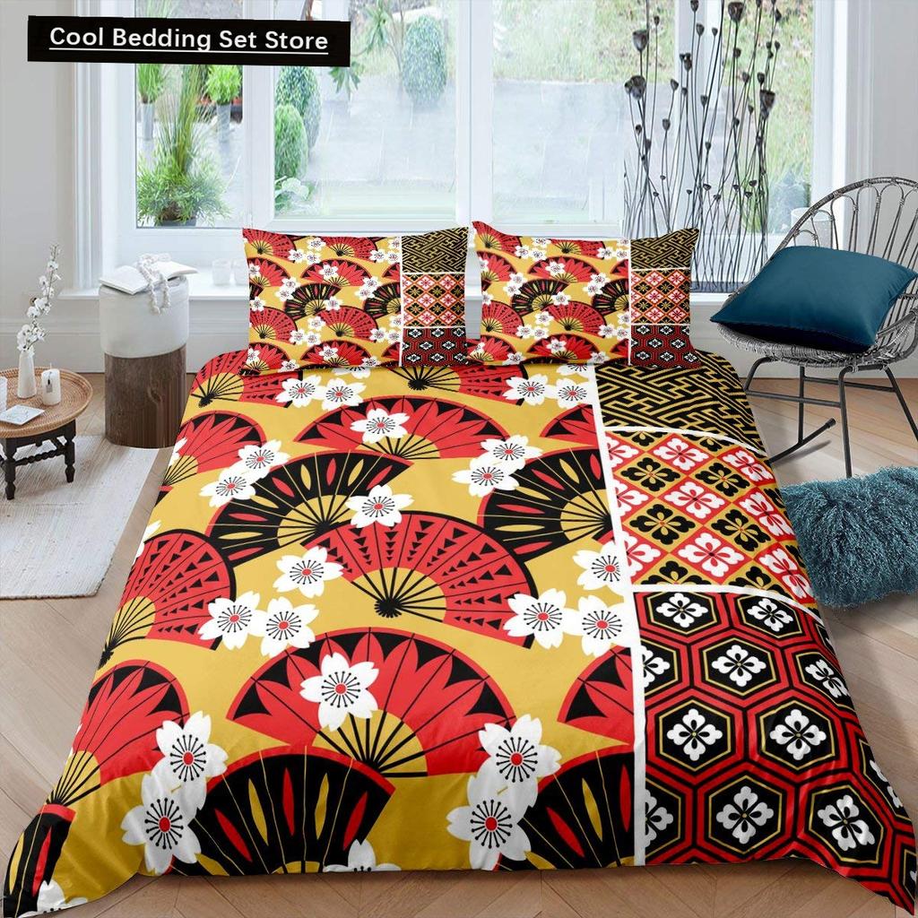 Japanese Style King Queen Duvet Cover Koi Fish Cherry Bedding Set Ukiyo-E Geisha Quilt Cover Sun Crane Polyester Comforter Cover