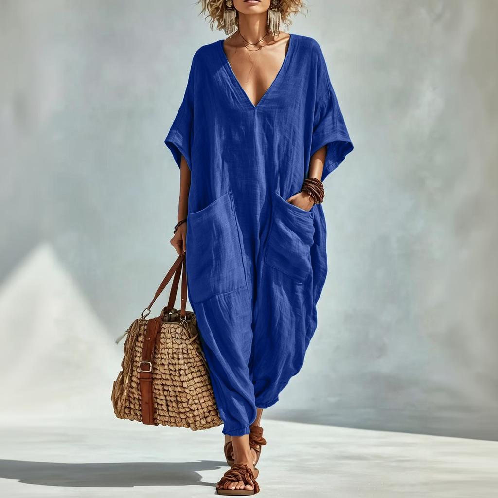 Women's Linen V Neck Jumpsuit with Pockets Wide Leg Romper
