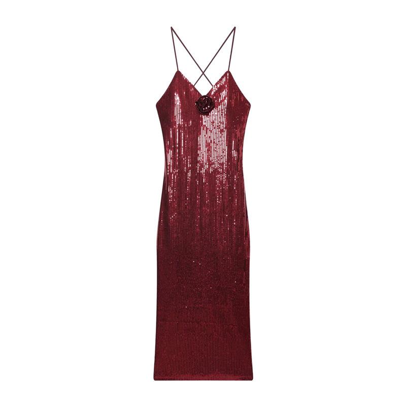 High-End Sequin Design Red Camisole Dress for Women - 2025 Style