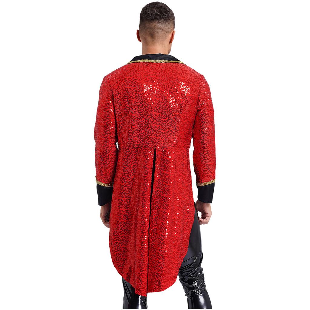 Mens Halloween Circus Sequin Tailcoat Notch Lapel Long Sleeve Tuxedo Outerwear