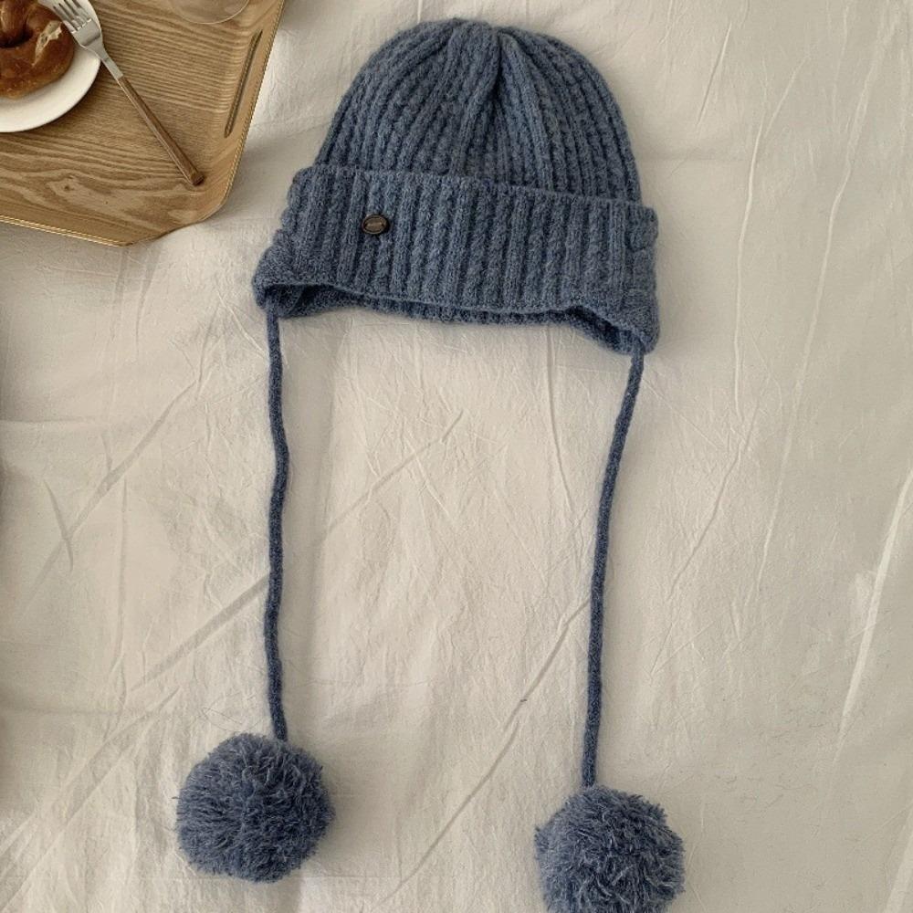 Windproof Y2k Knitted Cap Thick Beanie Hats Japanese Pom-pom Knit Cap  Outdoor