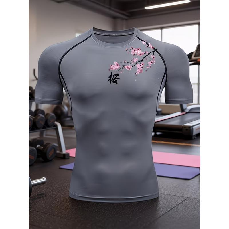 Mens Navy Blue Compression Short Sleeve T-Shirt Cherry Blossom Graphic Slim Fit Gym And Running Athletic Training Top