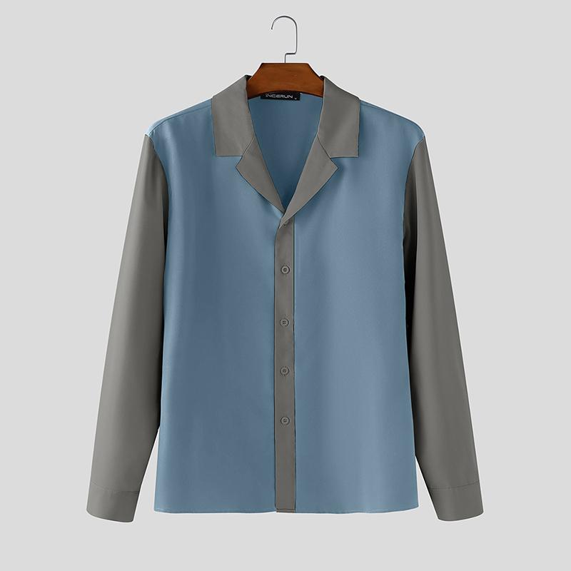 

INCERUN Plus Size Men Lapel Neck Long Sleeve Stitching Casual Loose Office Shirts Tops 5XL синий