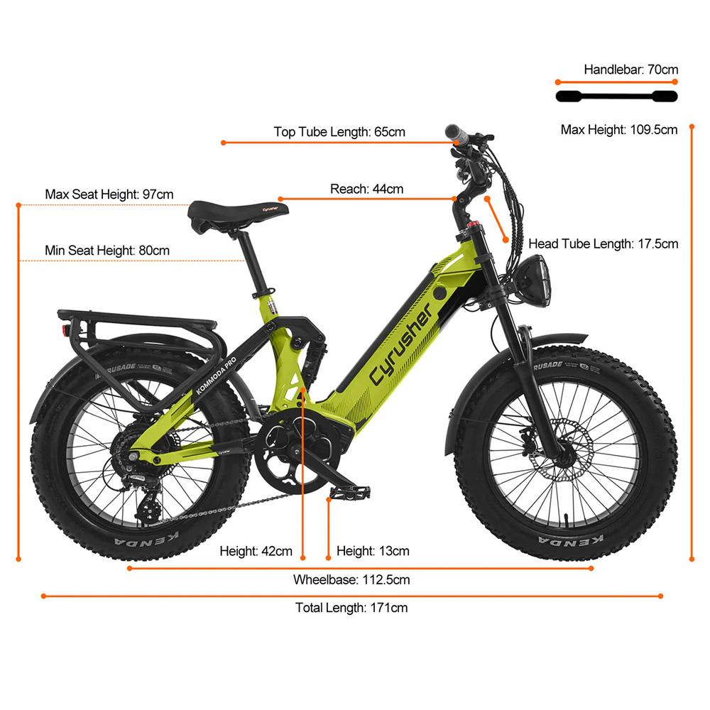Electric Bicycle Cyrusher Kommoda Pro 20" Fat Tire 250W Motor Fully Suspended Adult Electric Bike 52V 20AH Dual Hydraulic Brake Max Load 150Kg