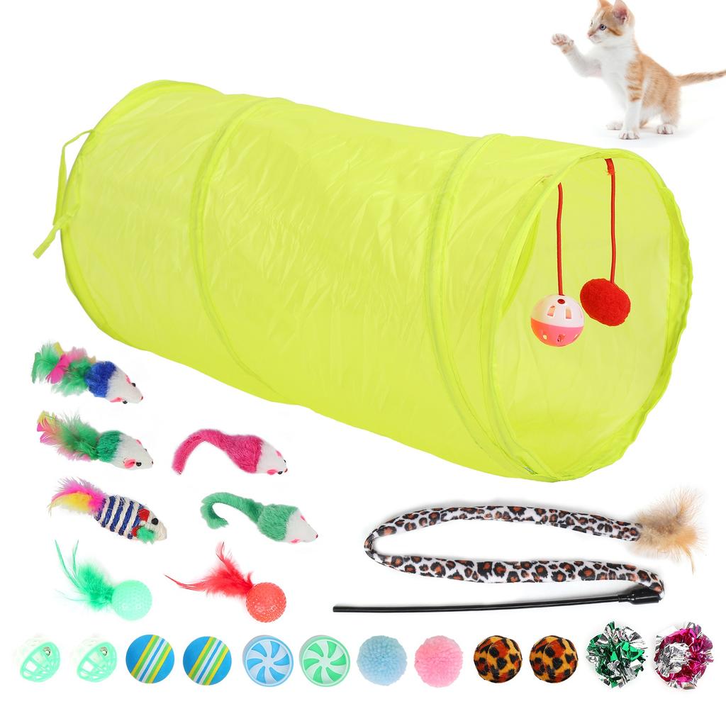 Cat Feather Toy Set Interactive Cat Toy Kitten Toy Assortments Includes Tunnel Cat Stick Balls Bells and Mice