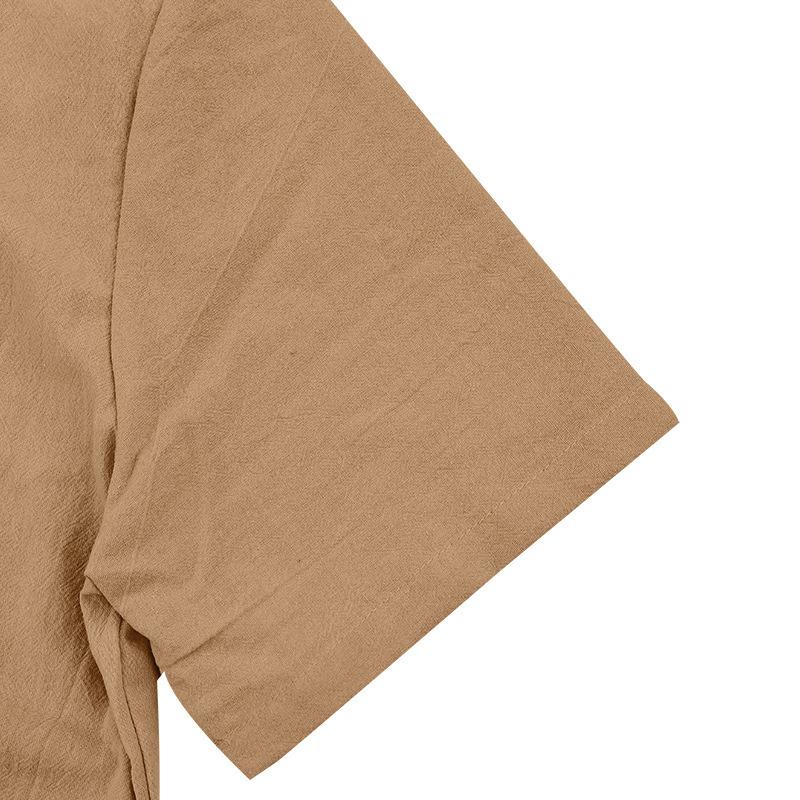 Men's Summer Loose Linen T-Shirt Solid Color American Style Henley Neck Short Sleeve Shirt Breathable Casual Beach Tops Men European American Fashion