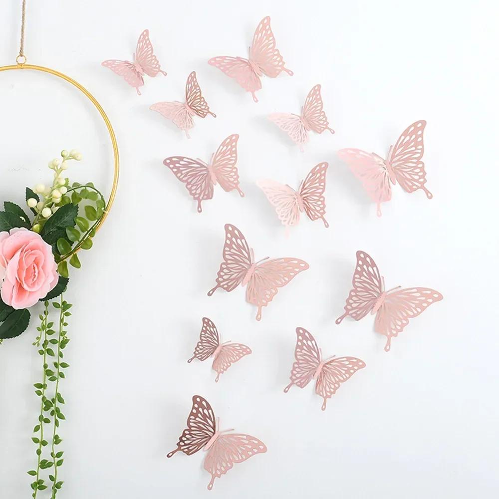 

12Pcs/set 3D Hollow Butterfly Wall Stickers Wall Decor For Living Room Wedding Party Butterflies Decal Stickers рожевий колір золота