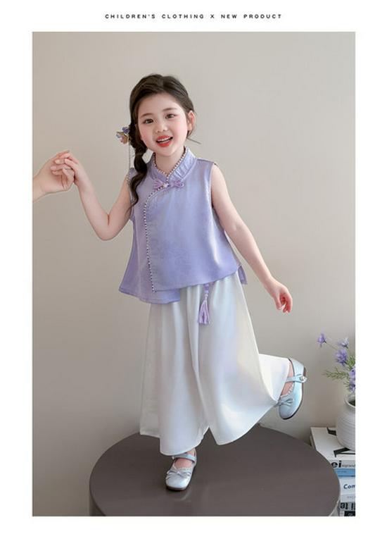 2026 Girls' Chinese Style Fairy Summer Two-Piece Set with Frog Button