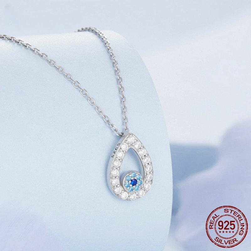 S925 Sterling Silver Water-drop Shape Blue Zircon Devil's Eye Pendant Necklace for Women Classic Neck Chain Jewelry
