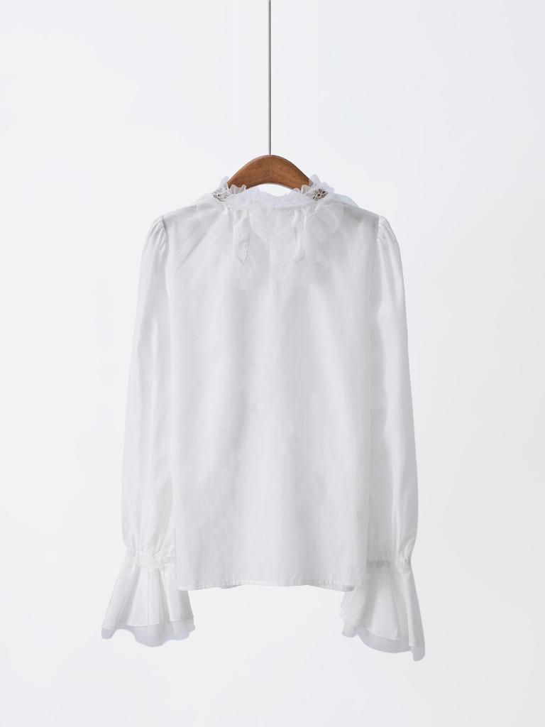 Premium Purple Label: 2026 Spring Silk-Cotton Blend French Style Ruffle V-Neck Bell Sleeve Shirt