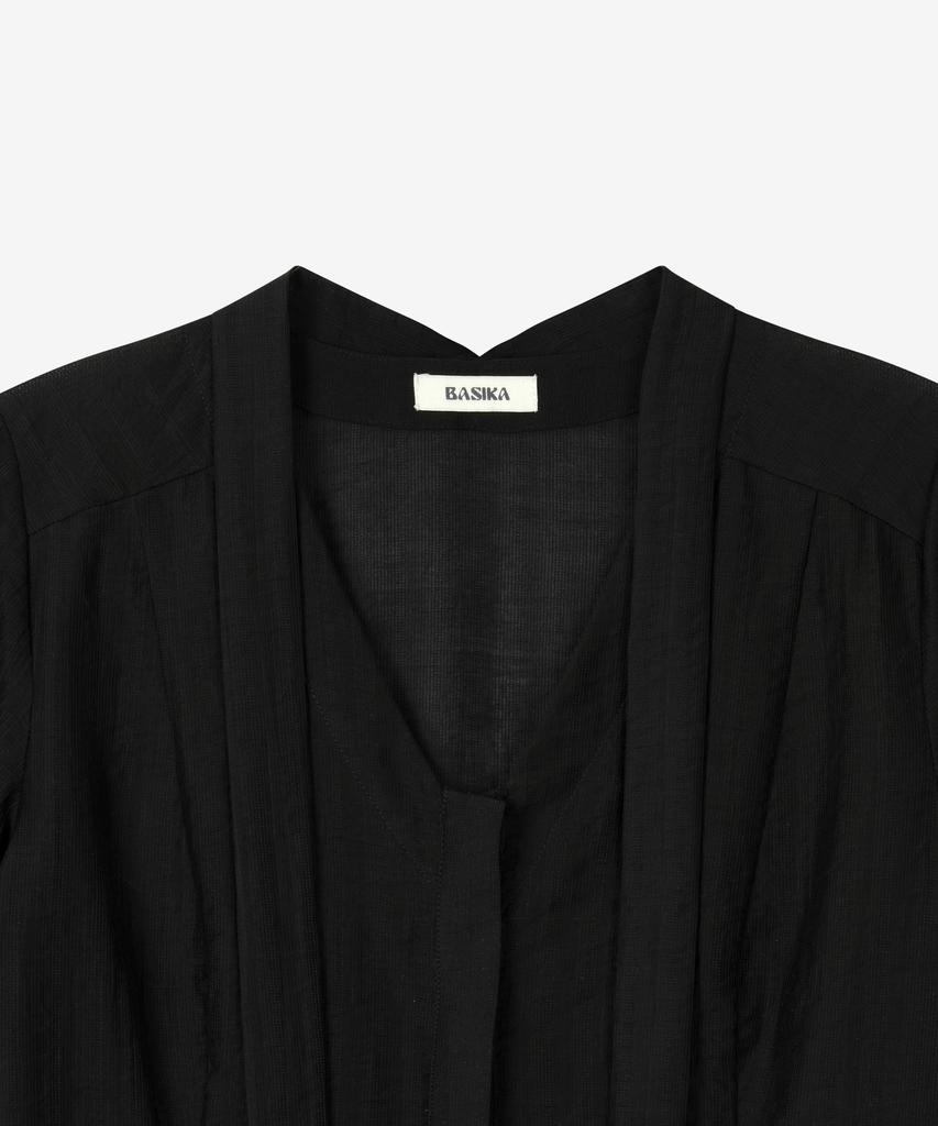 BASIKA Half-Sleeve V-Neck Tie Blouse (Black)