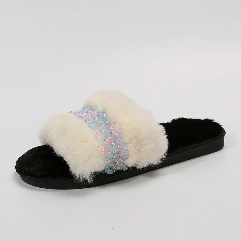 Leisure Furry Slippers Woman Slis Casual Fur Flat Heels Shoes Woman Bling Winter Autumn Slippers Plus Size
