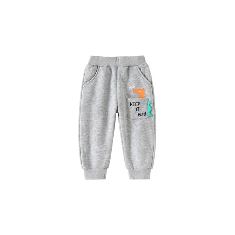 Children s Clothing Autumn and Winter Korean Style Kids Pocket Dinosaur Pants Boys Fleece-Lined Long Pants Baby Mid-Waist Jogger Sweatpants Gray Fleece-Lined 130