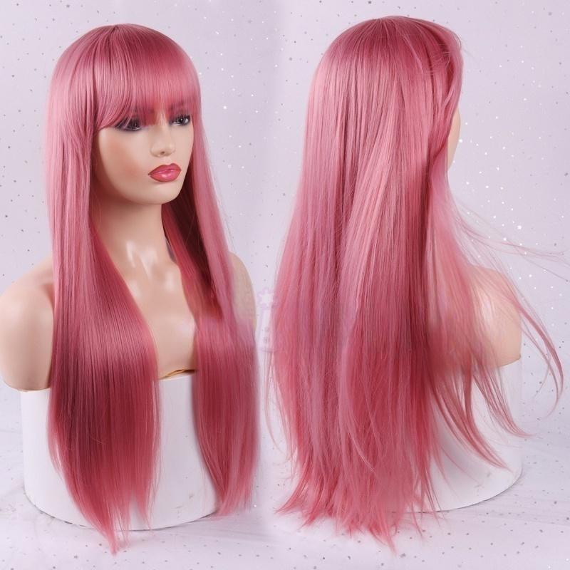 Fashion Long Straight Hair Wig with Bangs Wine Red Synthetic Wig for Women (color: 14Colors)