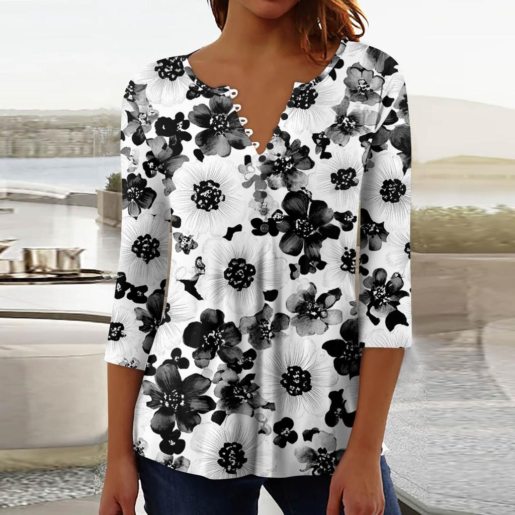 Women's Fashion Casual Pullover T-Shirt 3/4 Sleeve Printed Top