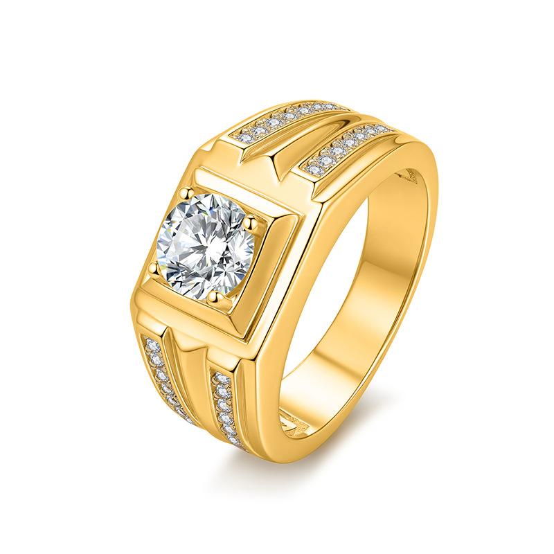 S925SilverMoissaniteRing for Men 6.5mm Round Cut 18K Gold Plated Chunky Band With Side Stones Vintage Statement Wedding BandGift