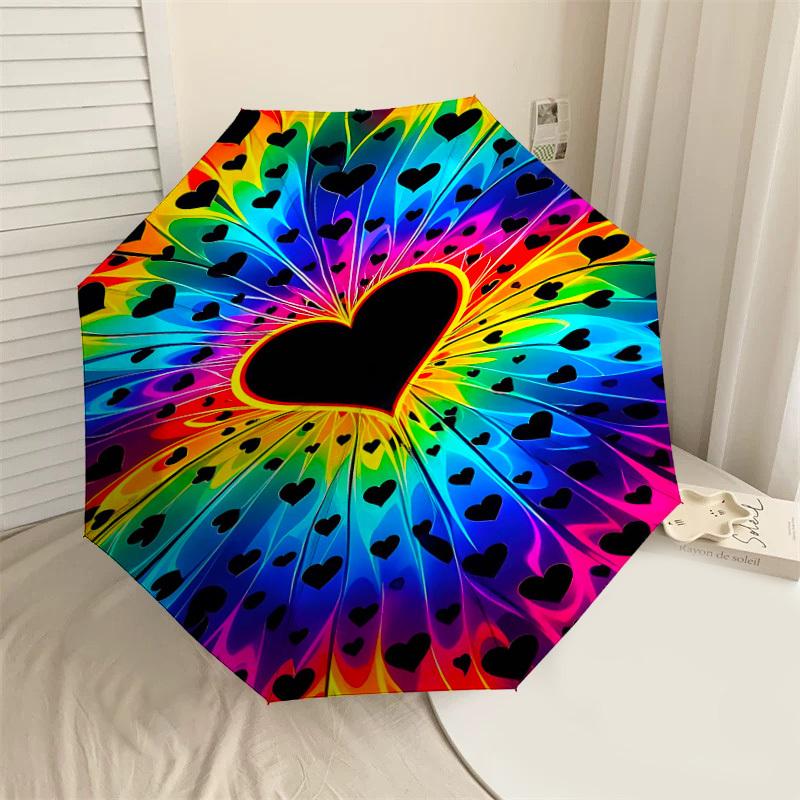 1pc Heart Rainbow Automatic Open/Close Umbrella Compact Folding Umbrella with 8-Rib Shaft for Women/Men, Elegant Birthday1198S
