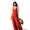 Women's V-Neck Red Dress for Travel and Vacation: Beach, Desert, and Grassland Style (F2105)