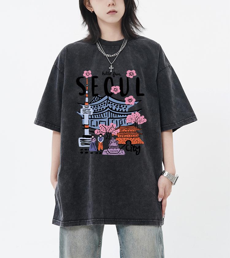Seoul Schöne Landschaft Bedrucktes Gewaschenes T-Shirt Damen Atmungsaktiv Neue Baumwolle Cooles T-Shirt Sommer Snow Wash Kleidung Unisex