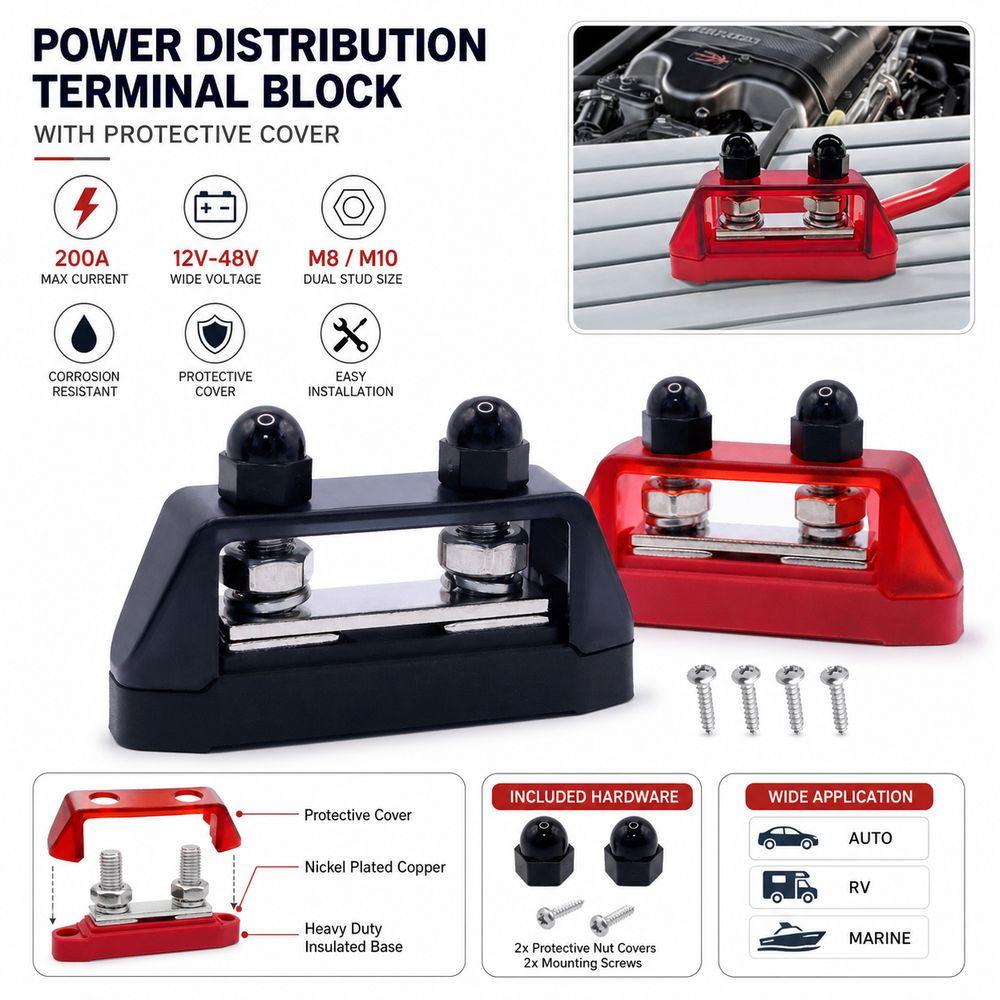 M8/M10 Power Distribution Block Stainless Steel High Current Power Terminal Block 12V-48V Nickel Plated Copper