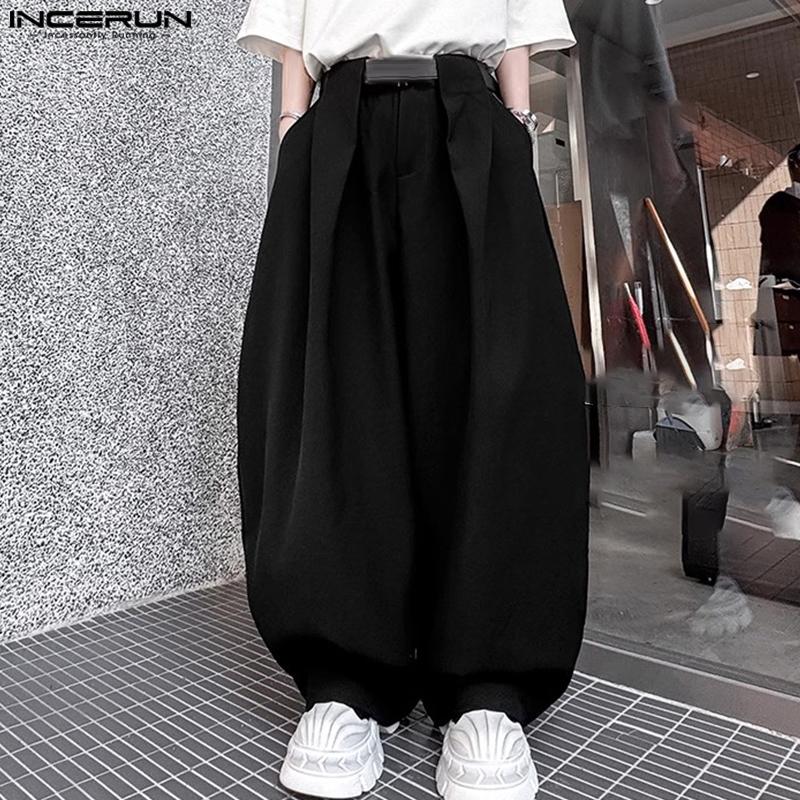 INCERUN Men's High Waist Zipper Ruffled Long Wide Legs Pants Trousers