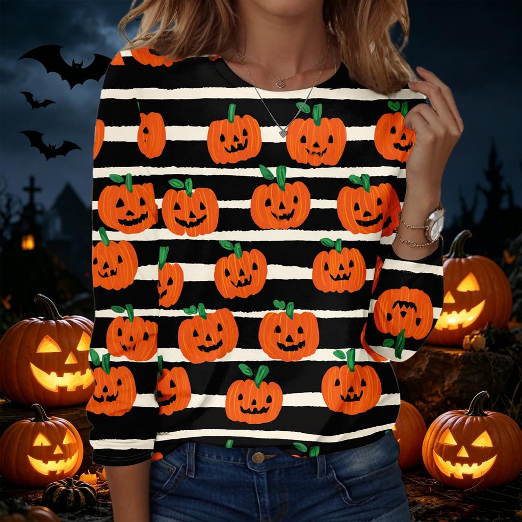 Women's Halloween Printed Pullover Sweatshirt Long Sleeve Crew Neck Casual Top for Fall and Winter Seasonal Wear