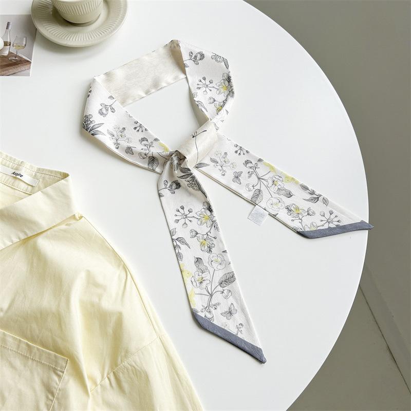 Spring Flower Print Silk Scarf Women's Versatile Long Strip Narrow Silk Scarf Pastoral Art Diagonal Streamer Tied Bag Ribbon