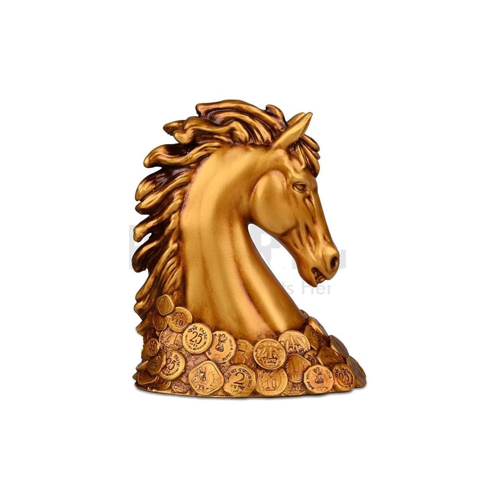 Coin Horse Head Horse Showpiece Vastu Horse Idol Good Luck Resin Horse Statue Feng Shui Horse for Car Dashboard Home Decor