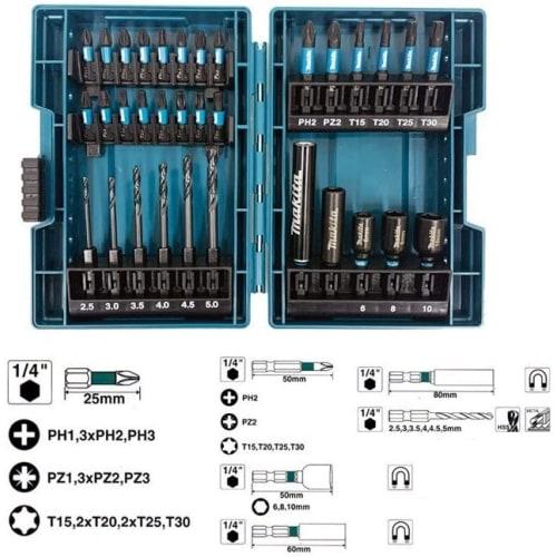 Makita Impact Driver Bit Socket Drill Bit Set of 33 Hexagonal Shaft 6.35mm Case Included E-06622